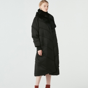玛丝菲尔白鹅绒羽绒服女2020年冬季新款黑色不对称毛领中长款外套