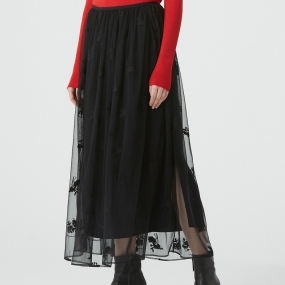 Marisfrolg玛丝菲尔2020年冬季新款女装中长款裙子黑色网纱半身裙