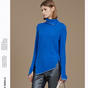 玛丝菲尔蓝色毛衣2019冬季新款女装不对称上衣针织衫