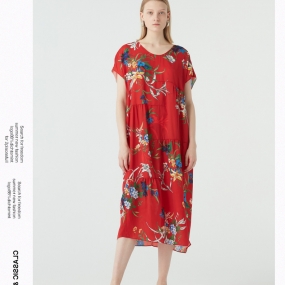 玛丝菲尔短袖连衣裙女装2020年春季新款红色宽松花裙子