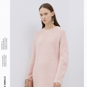玛丝菲尔粉红色羊毛针织连衣裙2019冬季新款中长款马海毛裙子长裙