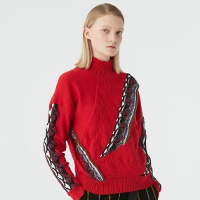 Marisfrolg玛丝菲尔2020年冬季新款黑色拼接红色时尚毛针织衫毛衣