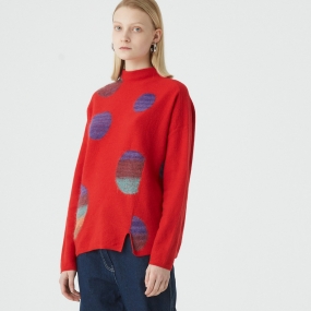 Marisfrolg/玛丝菲尔纯羊毛2020年秋季新款红色拼接毛针织衫毛衣