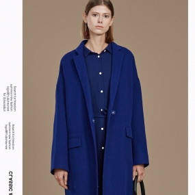 玛丝菲尔女装2019冬季新款蓝色羊毛毛呢外套保暖双面呢大衣中长款