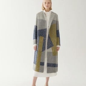 Marisfrolg玛丝菲尔羊毛2019冬季新款中长款拼色呢子大衣毛呢外套