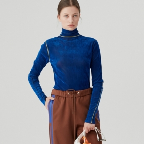 Marisfrolg/玛丝菲尔女装2020年冬季新款套头高领长袖蓝色T恤上衣