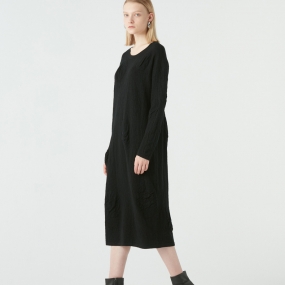 Marisfrolg/玛丝菲尔纯羊毛2020年冬季新款黑色圆领中长款连衣裙