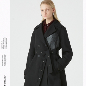 玛丝菲尔羊毛2019冬季新款女装黑色拼接中长款毛呢大衣呢子外套