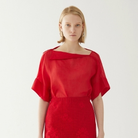 Marisfrolg/玛丝菲尔苎麻2020年夏季新款红色宽松时尚雪纺衫上衣