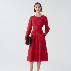 玛丝菲尔羊毛裙子2021年春新款长袖中长款收腰显瘦红色气质连衣裙