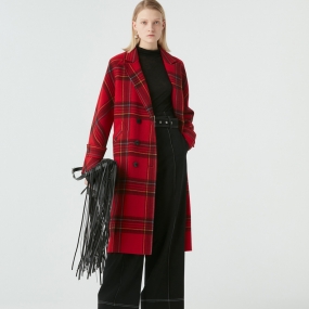 Marisfrolg玛丝菲尔羊毛2020年冬季新款格子红色大衣毛呢外套女装