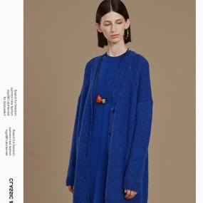 Marisfrolg/玛丝菲尔蓝色开衫外套2019冬季新款女装v领针织衫毛衣