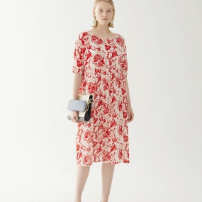 玛丝菲尔真丝2020年夏季新款女装桑蚕丝红色连衣裙裙子