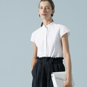 Marisfrolg/玛丝菲尔纯棉2020年夏季新款白色短袖宽松衬衫上衣女