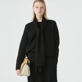 Marisfrolg玛丝菲尔纯羊毛2020年冬季新款女装圆领中长款黑色毛衣