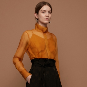 Marisfrolg玛丝菲尔真丝2020年夏季新款女装橙色镂空宽松衬衫上衣