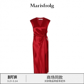 【新年红衣】玛丝菲尔22年春新款红色V领绸缎连衣裙长款女装优雅
