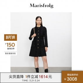 【小香风】玛丝菲尔21年秋冬季新款女圆领黑色长袖连衣裙