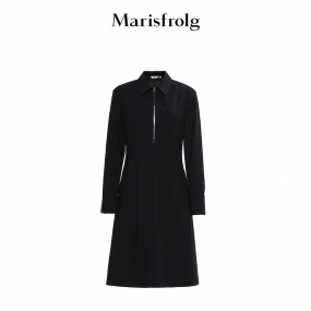 玛丝菲尔2022年春季新款黑色衬衣领长袖连衣裙中长款收腰显瘦
