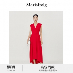 【三醋纤】玛丝菲尔2022年春季新款红色无袖花苞收腰礼服连衣裙子