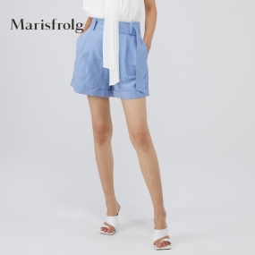 【亚麻系列】玛丝菲尔亚麻夏季新款蓝色阔腿短裤薄款休闲裤女