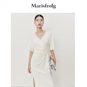 【桑蚕丝】玛丝菲尔2022夏季新品乳白色光泽修身名媛设计感连衣裙