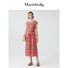 玛丝菲尔亚麻裙子夏季新款无袖收腰显瘦气质红色格子连衣裙