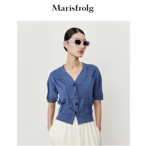 【意大利进口面料】玛丝菲尔夏季新款立体格纹编织深海蓝开衫T恤