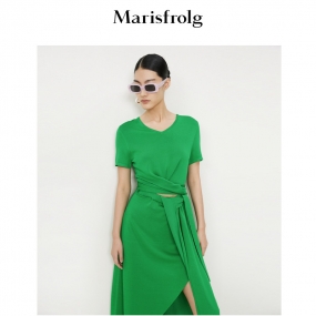 【明星同款】玛丝菲尔22夏时尚设计感绑带短袖收腰绿色连衣裙预售