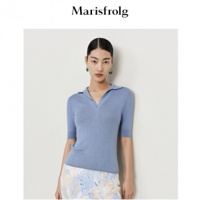 玛丝菲尔2022夏季新款轻薄透气长春花蓝针织休闲五分袖衬衫女