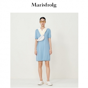 玛丝菲尔2022夏季新款时尚天蓝色法式v领短袖T恤连衣裙女