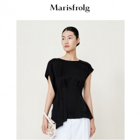 玛丝菲尔2022夏季新款艺术感优雅醋纤不规则褶皱下摆黑色T恤女