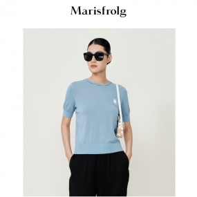 玛丝菲尔2022夏季新款高级感舒适透气优雅圆领湖蓝色短袖T恤女