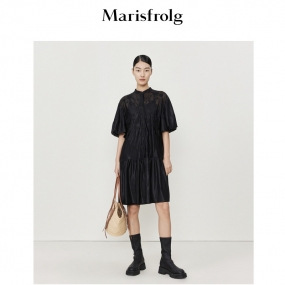 玛丝菲尔2022夏季新款灯笼袖小黑裙法式气质优雅高腰黑色连衣裙