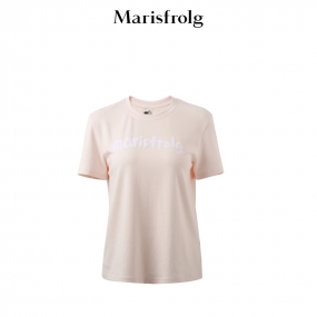 玛丝菲尔2022夏季新款弹力棉感彩色字母印花圆领杏白色短袖T恤女