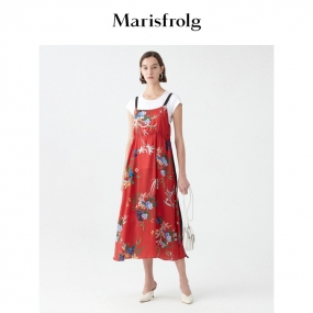 Marisfrolg/玛丝菲尔碎花连衣裙2021新款红色气质吊带两件套裙子