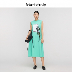 玛丝菲尔女装2022年夏季新款宽松长款绿色纯棉T恤连衣裙