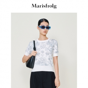 【艺术家联名】玛丝菲尔22夏季新款花卉刺绣弹力凉感针织短袖T恤