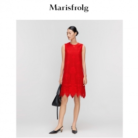 【透气棉感面料】玛丝菲尔22年夏新款镂空A字无袖蕾丝红色连衣裙