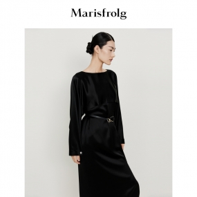 【轻礼系列】玛丝菲尔2022年秋季新款黑色长袖中长款连衣裙礼服裙