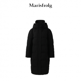 【商场同款】玛丝菲尔2022冬季新款黑色连帽中长白鹅绒羽绒服