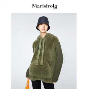 【羊羔绒拼接针织】玛丝菲尔冬季新款军绿色连帽刺绣卫衣外套女