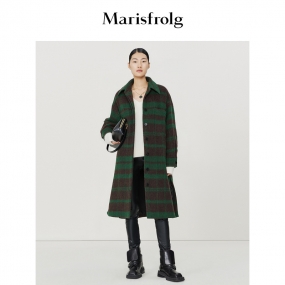【衬衫式外套】玛丝菲尔2022冬季新款绿棕撞色羊毛毛呢大衣外套