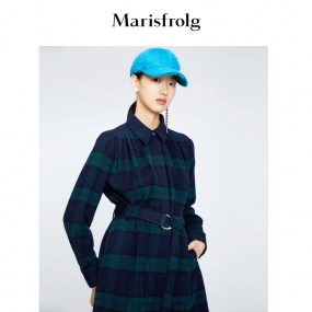 【英伦复古】玛丝菲尔冬新款羊毛墨绿色长袖格子衬衫连衣裙复古