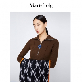 【羊毛】玛丝菲尔衬衫冬季新款咖啡色POLO领拉链衬衫女上衣