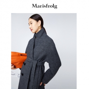 【100%羊毛】玛丝菲尔纯羊毛毛呢外套女冬季新格子灰色呢子大衣