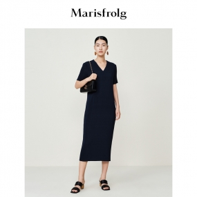 玛丝菲尔23夏季新款气质简约深蓝色竖条纹优雅v领短袖百褶连衣裙