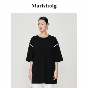 【商场同款】玛丝菲尔2023年夏装新黑色宽松短袖t恤女小众设计感