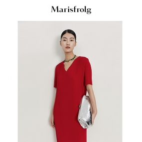 【自然垂感廓形】玛丝菲尔2023春夏新款名媛法式红色百褶连衣裙女