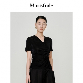 【商场同款】玛丝菲尔短袖T恤女夏季新款黑色V领收腰修身上衣